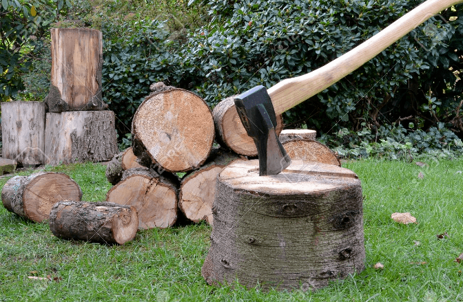 cut wood with sharp axe